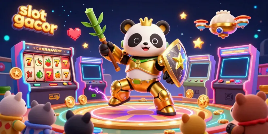 Experience the thrill of slot gacor with a vibrant 3D illustration featuring a golden panda in a mech-suit battling in a colorful gaming arena.