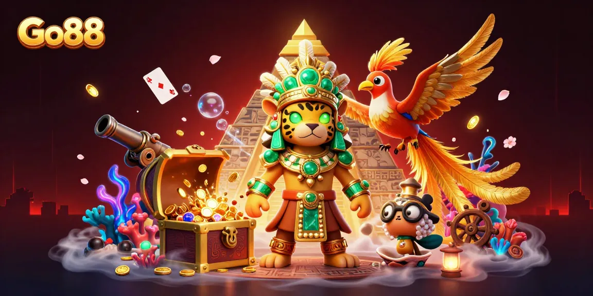 Experience thrilling moments at Go88 with vibrant 3D casino-themed illustrations and game elements.