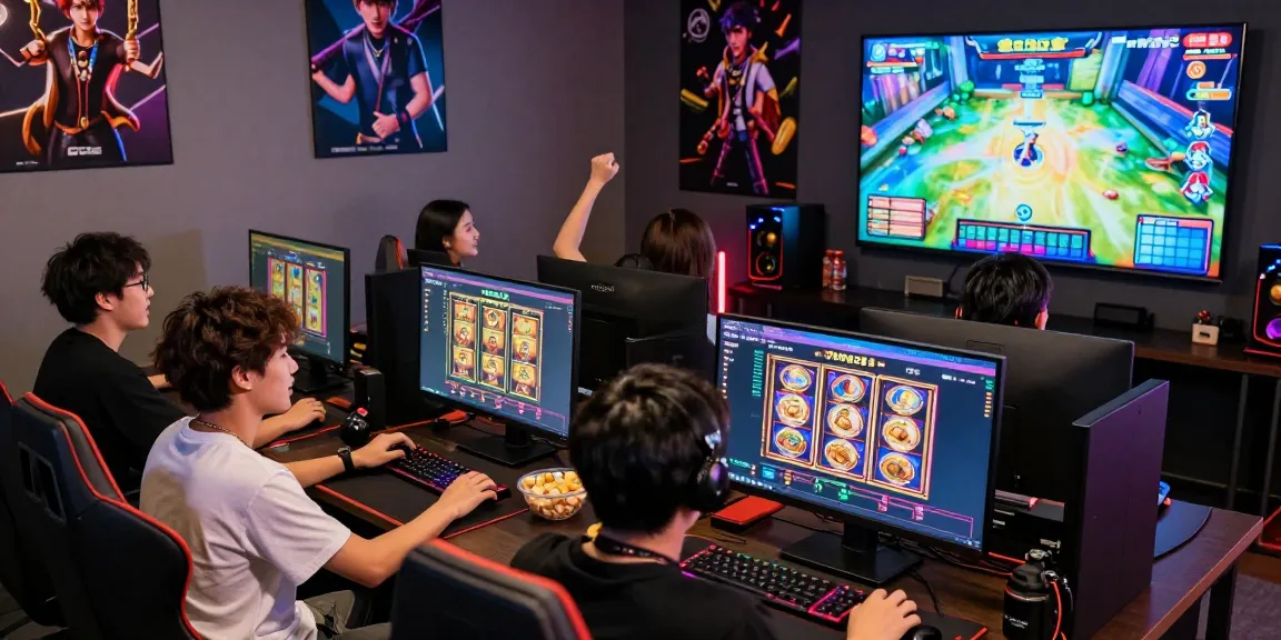 Para gamers bersenang-senang bermain slot cipung138 dengan suasana ceria dan dekorasi gaming.