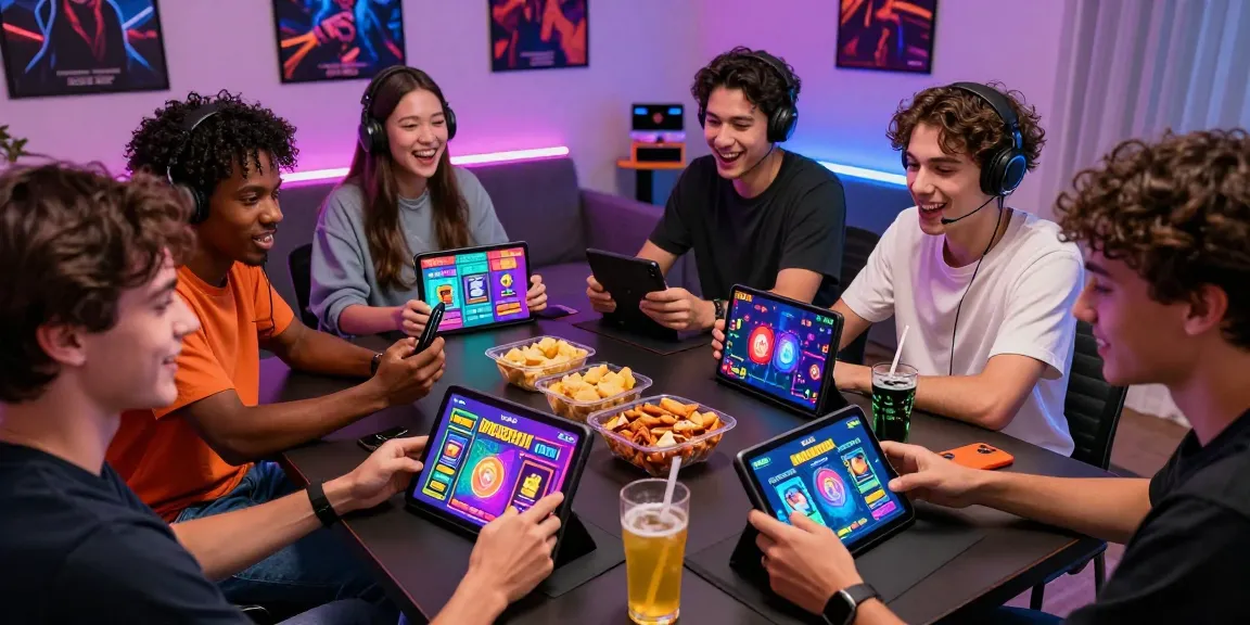 Engaged friends playing jaiclub games on smartphones, displaying vibrant gaming interfaces and snacks in a cozy living room.