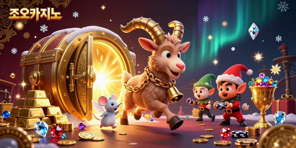 Play exciting games at 조이카지노 with a vibrant, festive 3D casino illustration showcasing lively characters and dynamic elements.