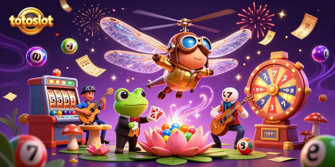 Engage with the vibrant totoslot scene featuring a dragonfly pilot, frog dealer, and joyful casino elements.