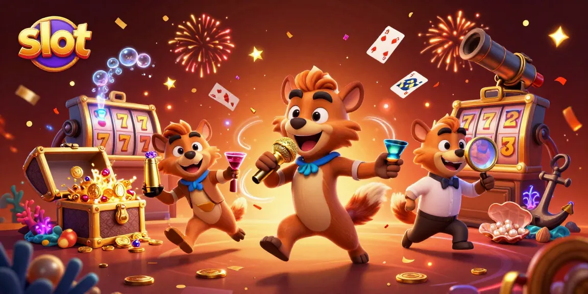 Slot yang seru dengan karakter hyena di kasino komedi, biru laut dan efek gemerlap.