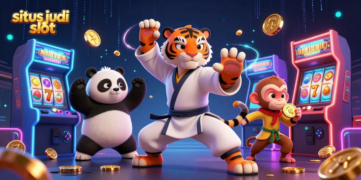 Gambarlah situs judi slot yang menampilkan karakter kartun kung fu dalam pose unik bersama mesin slot dan elemen kasino.