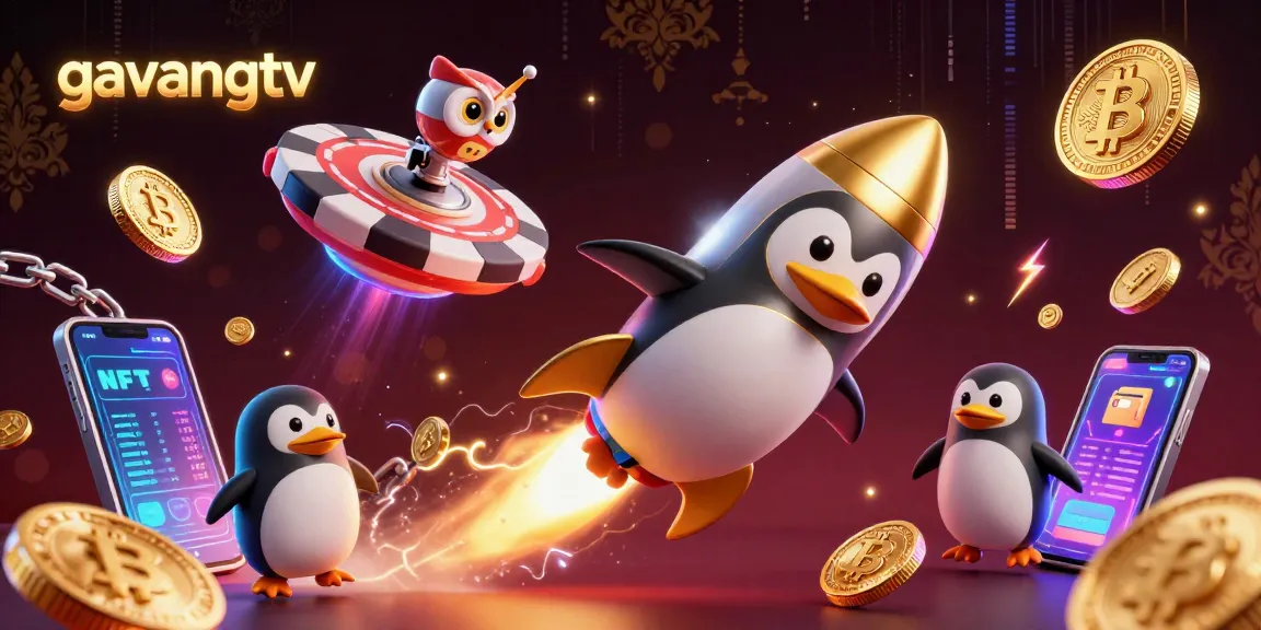 Experience gaming excitement with gavangtv's vibrant rocket penguin in a colorful casino-themed space