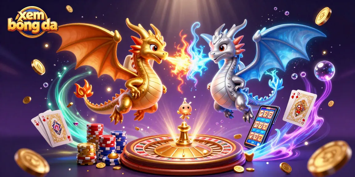Xem bóng đá with cartoon dragons in a vibrant casino scene, featuring dynamic energy and gaming elements.