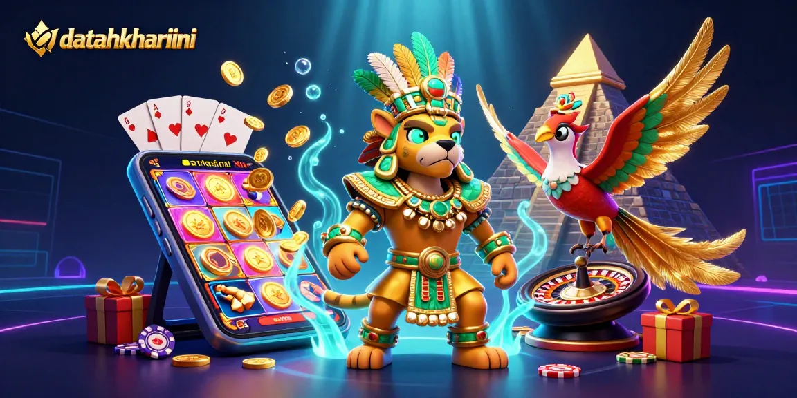 Permainan slot menarik datahkhariini dengan karakter jaguar dan burung quetzal yang dikelilingi elemen kasino