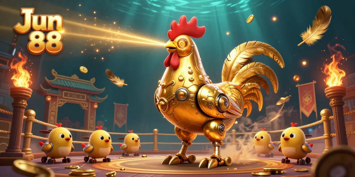 Experience thrilling wins at Jun 88 with a golden rooster robot and dynamic casino elements.
