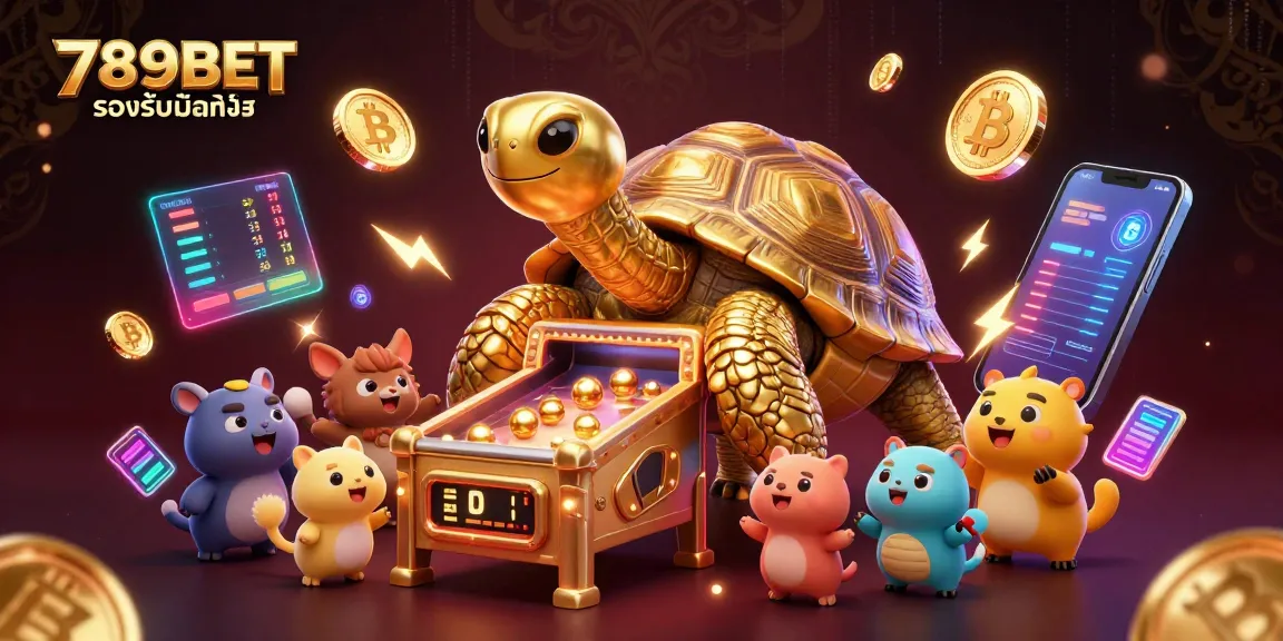 ภาพการ์ตูน 3D ของเต่าทองใหญ่ที่มีเปลือกเป็นเครื่องเล่นป๊อกกี้และรอเล่นโดยเพื่อนๆที่ตื่นเต้น 789BET รองรับมือถือ