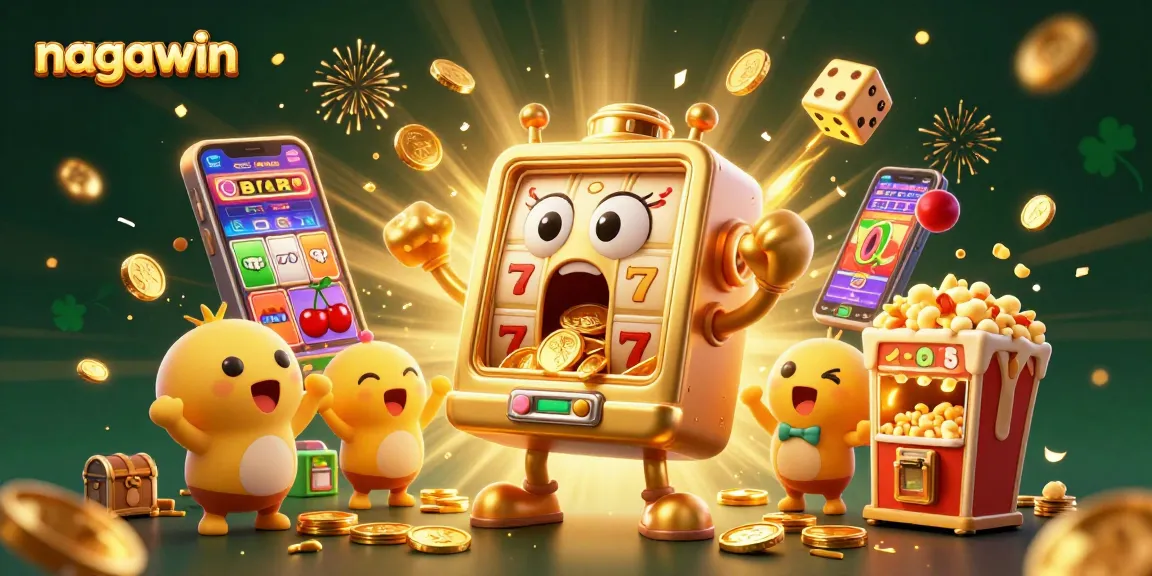 Mesin slot nagawin merayakan jackpot dengan koin berlimpah dan karakter ceria dalam ilustrasi hidup.