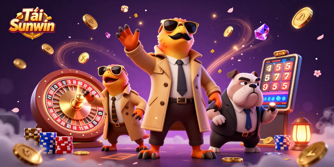 Tải Sunwin with cartoon raptors in a trench coat entering a casino, surrounded by gold coins and game elements.