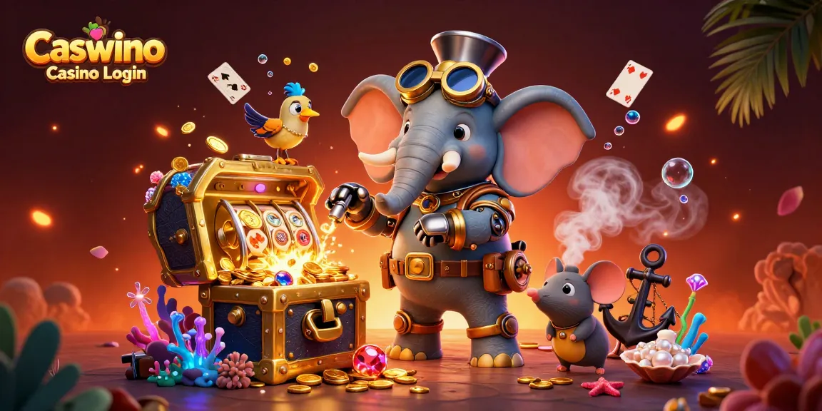 Engage with Caswino Casino Login to unveil a vibrant 3D illustration of a steampunk elephant operating a slot machine.