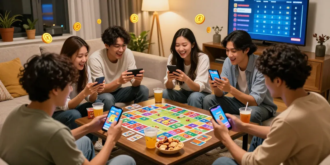 Friends enjoying Card Rummy on smartphones, play and earn while socializing in a cozy living room.