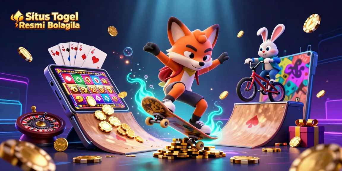 Situs Togel Resmi Bolagila menampilkan ilustrasi kasino 3D dengan karakter kartun dan elemen permainan yang memukau.