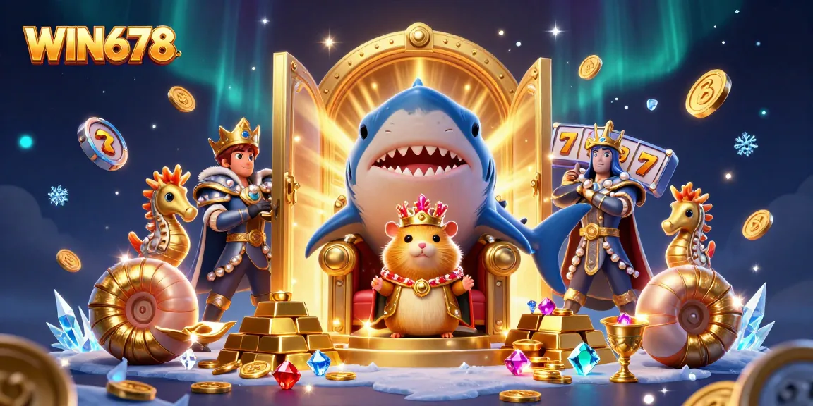 WIN678 illustrates a golden hamster king amid slot machines and treasure, showcasing a vibrant casino scene.