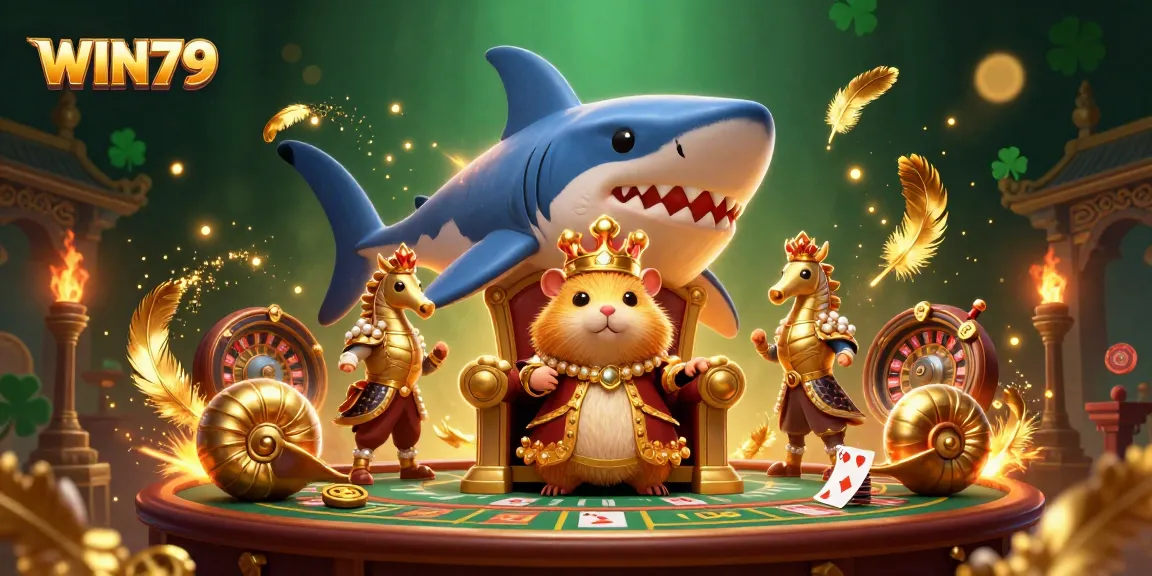 Experience WIN79 with a fierce golden hamster king in a dynamic live casino scene complete with roulette and gaming elements.