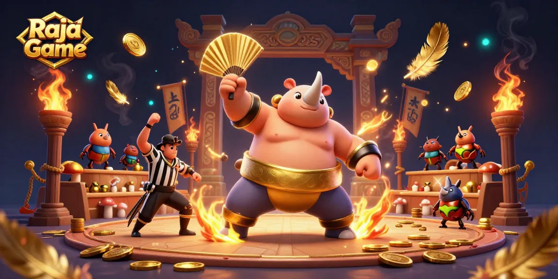 Raja Game featuring a vibrant scene with a beetle sumo champion, referee cricket, and dynamic gambling elements.