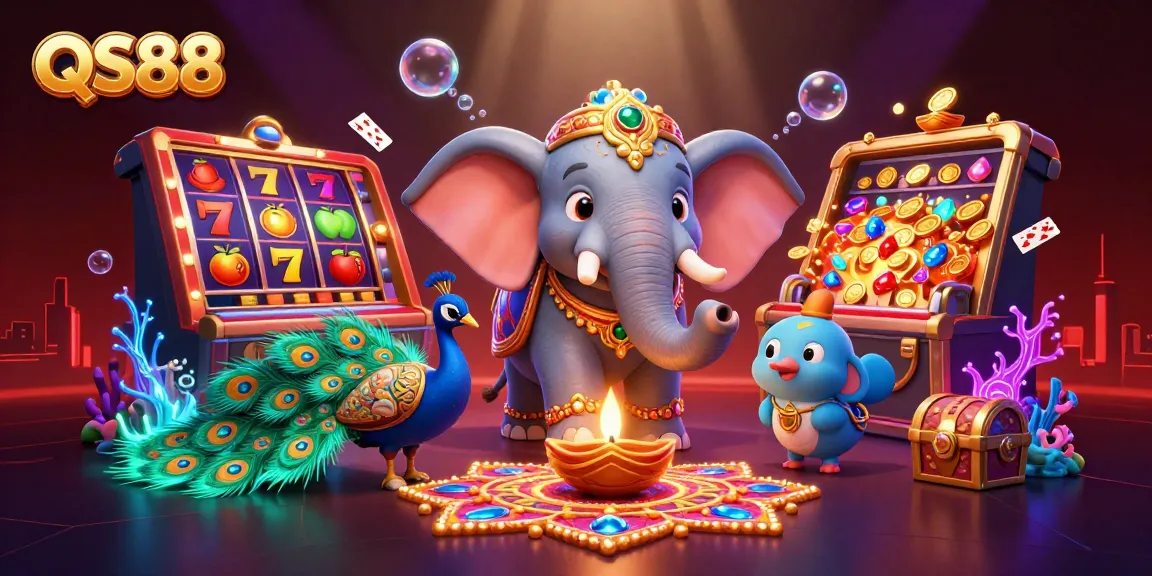 Experience the excitement of QS88 with vibrant casino elements, including colorful slot reels and glowing treasures.