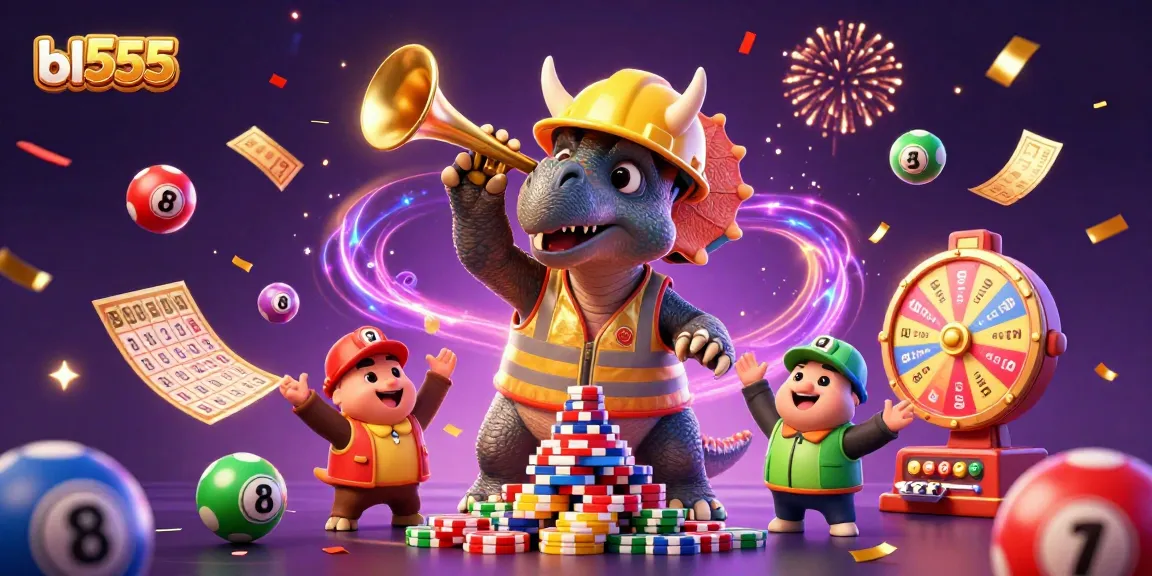 Engage with bl555 as the cheerful triceratops builds a casino-themed celebration.