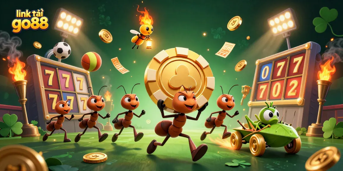Engage in thrilling gaming with link tải go88, showcasing a heist scene with playful 3D ants and golden elements.