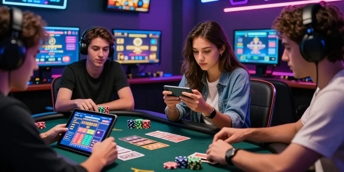 Diverse players enjoying engaging gameplay in an online casino scene with vibrant decor and dynamic atmosphere.