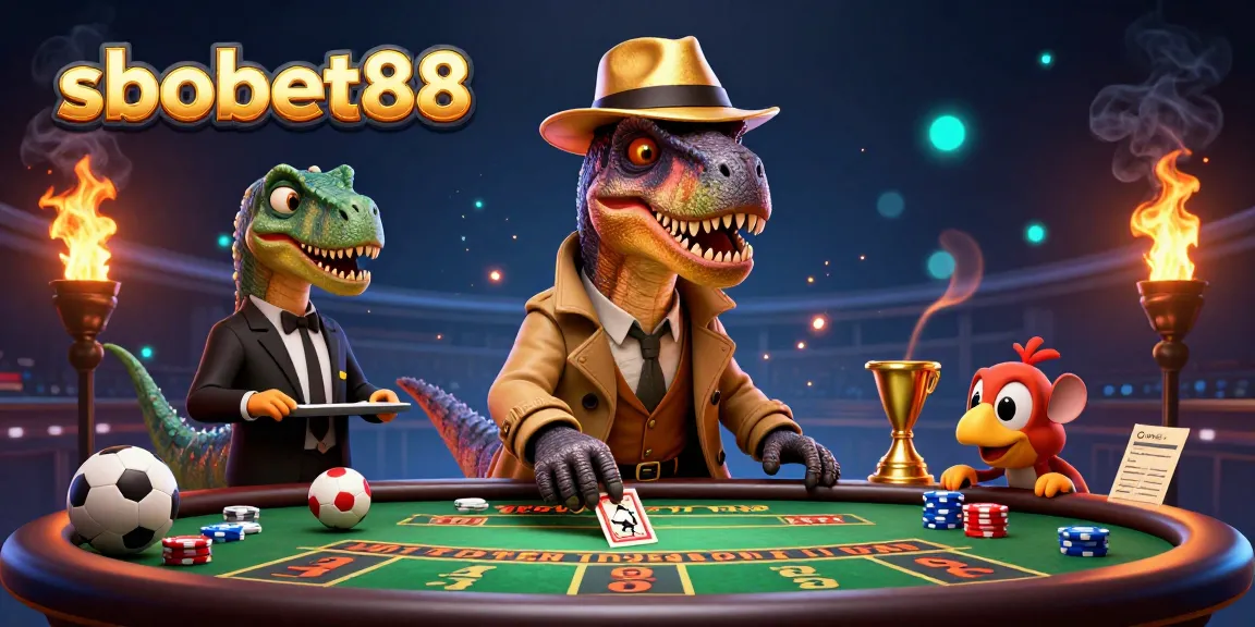Betting action at sbobet88: velociraptor card counter, stegosaurus pit boss, and pickpocket amidst vibrant casino elements.
