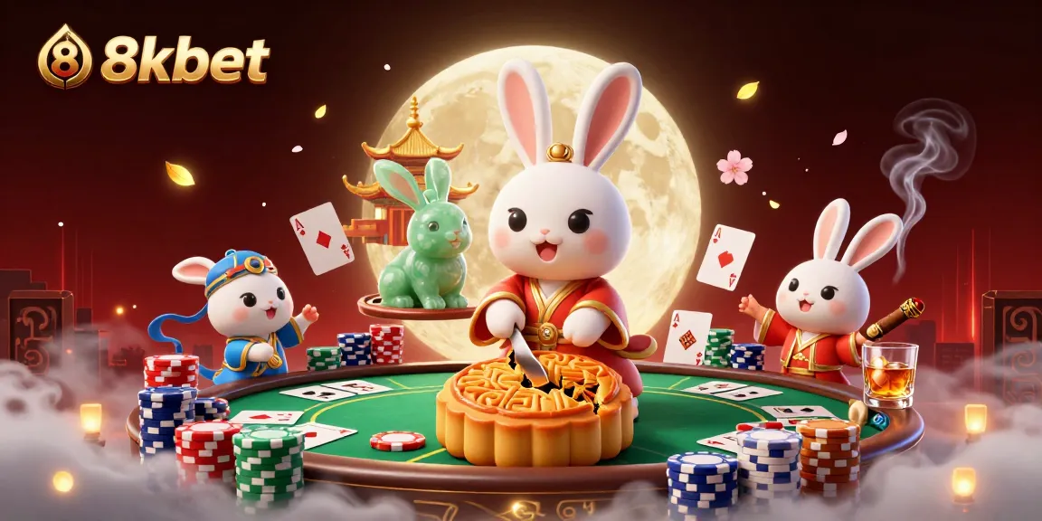 Experience thrilling gameplay with 8xbet's lunar casino featuring poker chips and a playful moon rabbit.