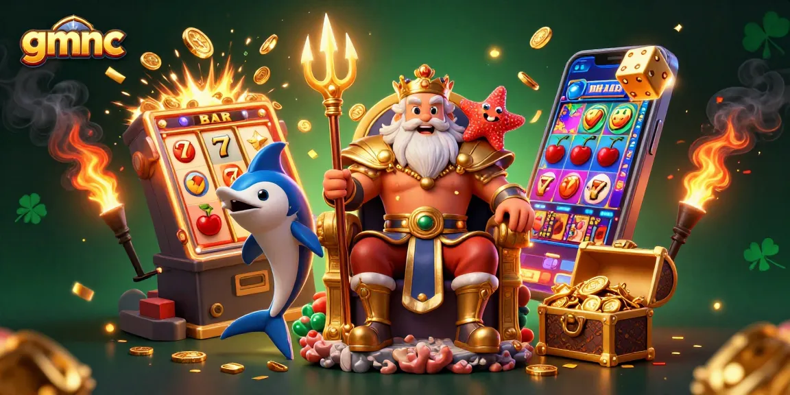 gmnc illustrates a vibrant casino scene with Neptune, a swordfish samurai, and golden treasures exploding from a slot machine.