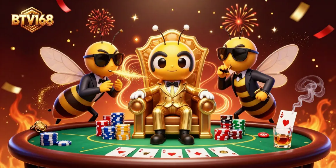 Engage with BTV168 in a vibrant poker scene featuring a bumblebee mob boss and game elements.