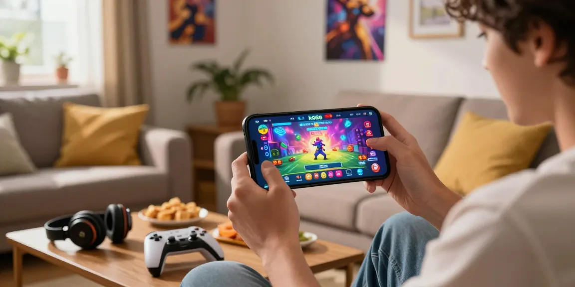 Engaged user playing k666 game on smartphone in cozy home setup, excited about gaming rewards.
