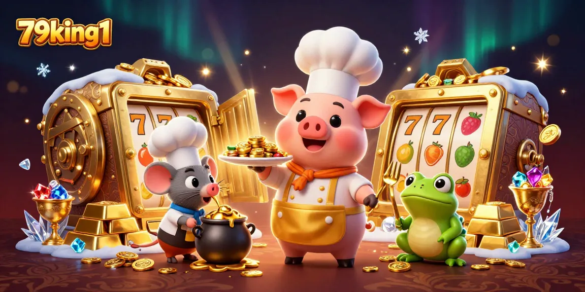 79king1 reveals a lively casino scene with charismatic characters and gold treasures amidst slot games.