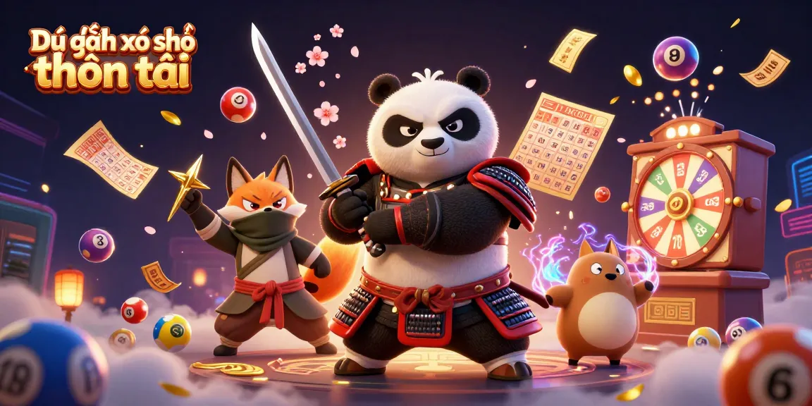 Dự đoán xổ số thần tài showcases a samurai panda, ninja fox, and magical tanuki amidst a vibrant lottery-themed backdrop.