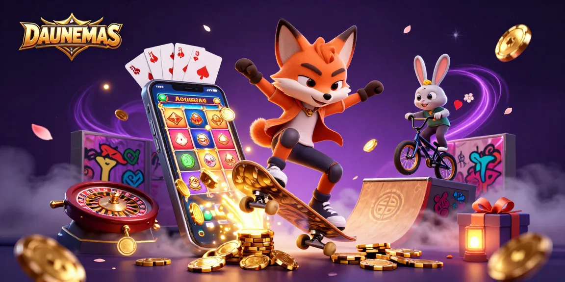 DAUNEMAS showcases thrilling casino adventures with a fox skateboarder and rabbit BMX rider.