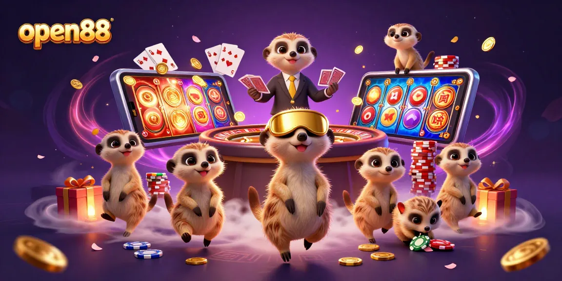 Experience the excitement of open88 with cartoon meerkats running a vibrant casino operation.