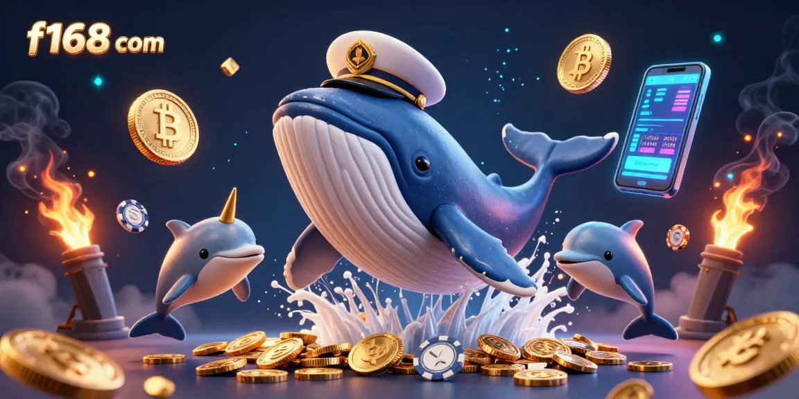 Immerse in the dynamic world of f168 com as a cartoon whale and narwhal celebrate among glowing coins and crypto icons.