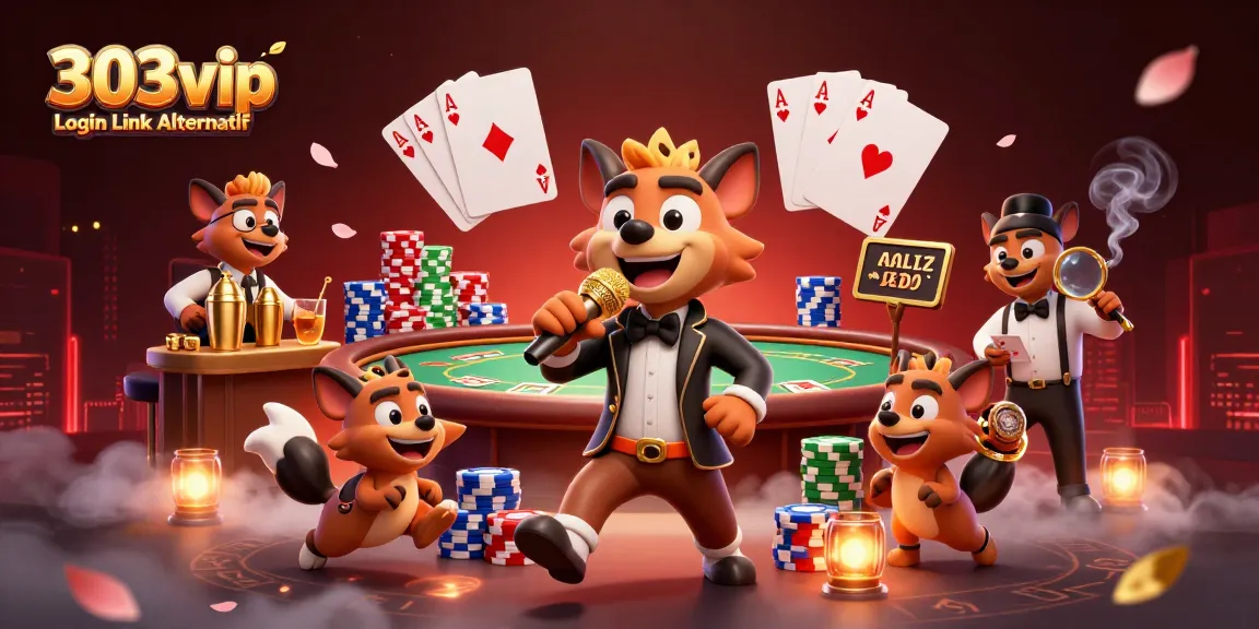 Engage with the 303vip Login Link Alternatif experience, featuring lively hyenas at a vibrant casino scene.