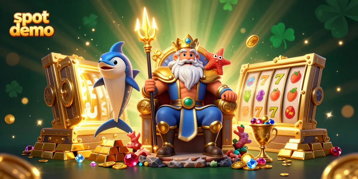 Slot demo menampilkan Raja Laut dengan slot gulungan dan harta karun berkilauan.