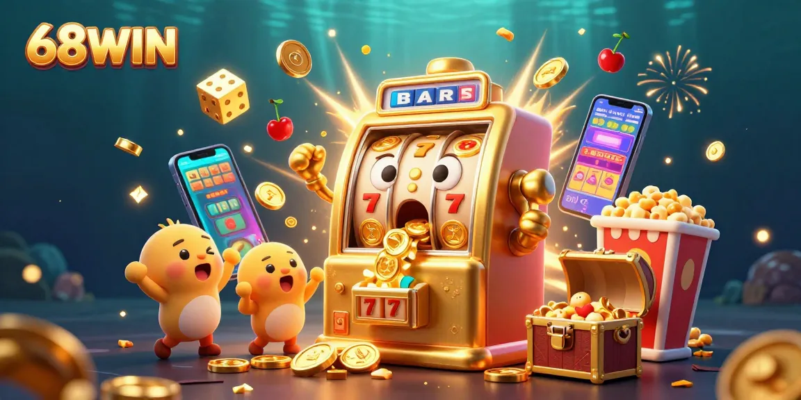 68WIN slot machine hits jackpot as coins pour out; baby machines cheer in lively casino scene.
