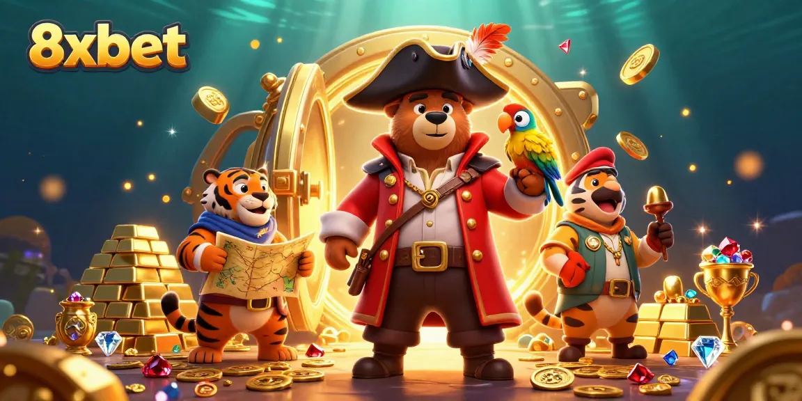 Experience thrilling adventures at 8xbet with a pirate captain and treasure in an exciting casino scene