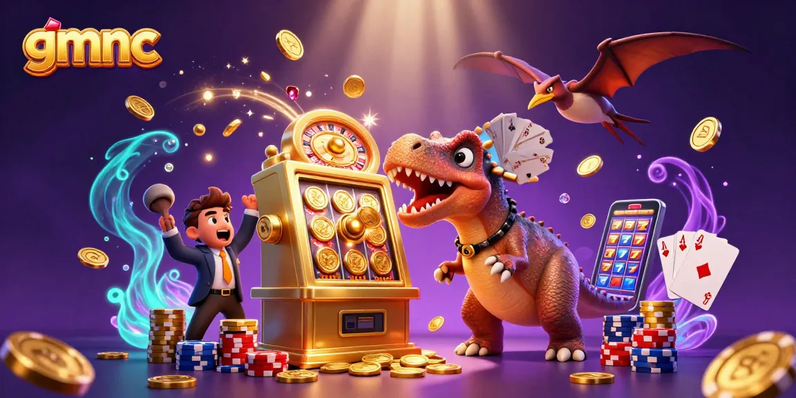 gmnc showcases a cartoon dinosaur winning coins from a slot machine in a colorful casino scene.
