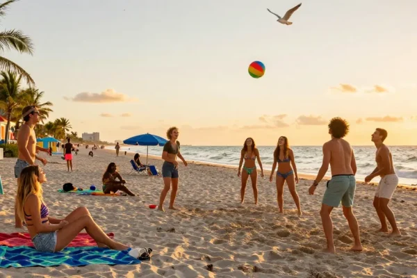 Suasana ceria di pantai Miami saat matahari terbenam, teman-teman bermain bola di https://miami4d.com/.