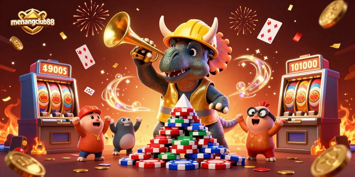 Experience winning thrills at menangclub88 with an adventurous cartoon illustration of dinosaur characters celebrating in a casino.