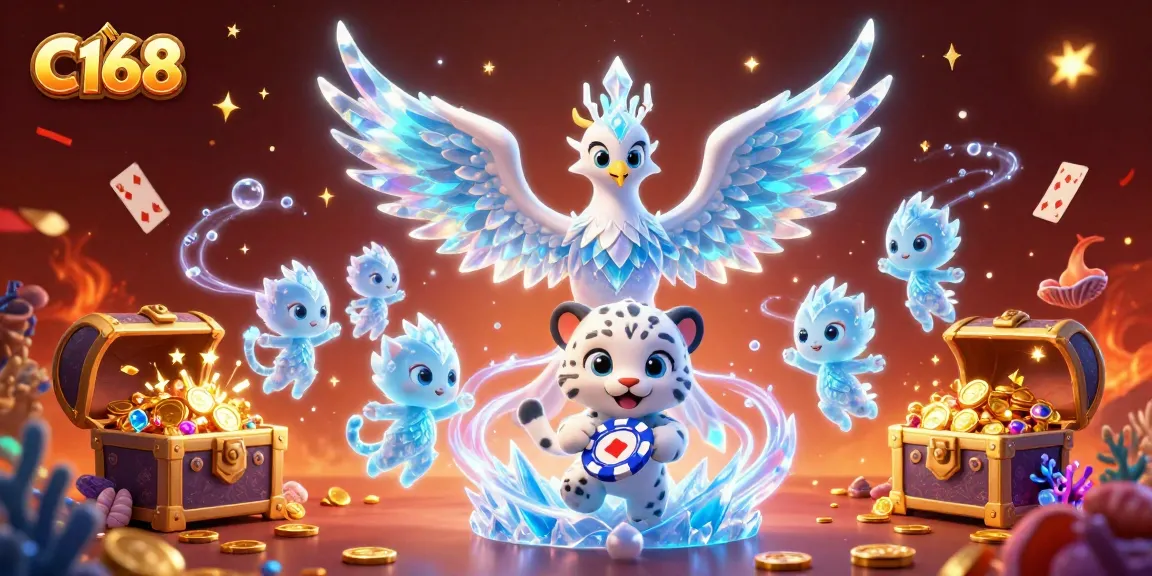 C168 offers a vibrant 3D illustration of a cartoon ice phoenix and snow leopard in a rich casino scene.