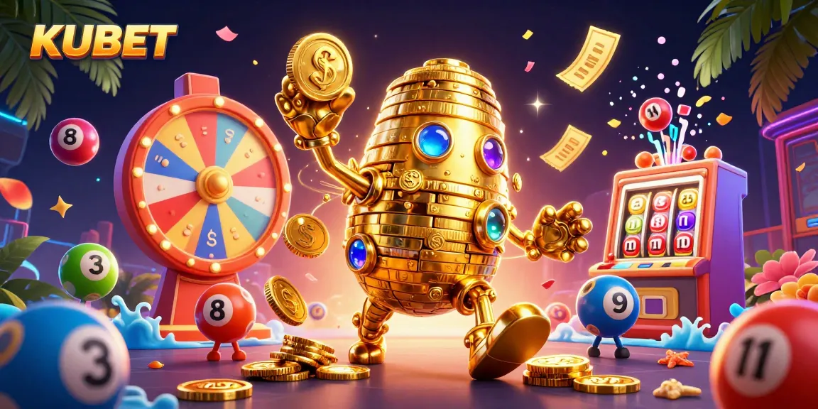 KUBET offers an exciting casino experience with a golden golem, lottery balls, and vibrant prizes flying around.