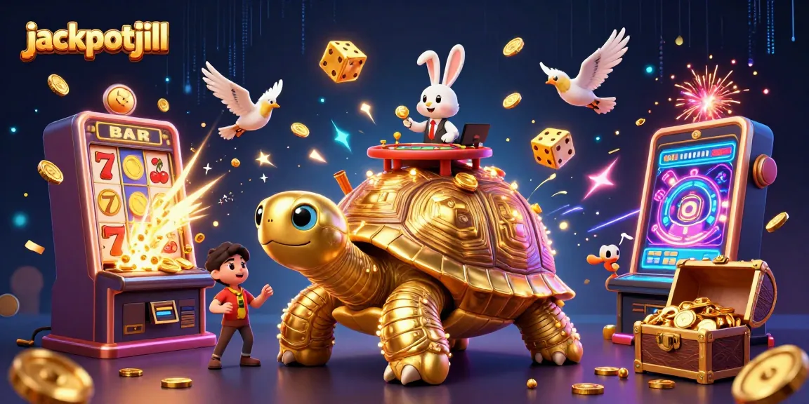 Win big with jackpotjill at a vibrant casino scene featuring animated characters and exciting games.
