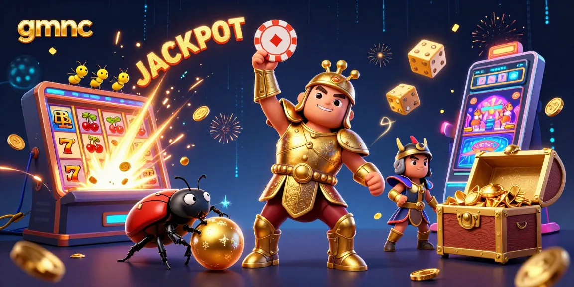 gmnc illustrates a victorious hercules beetle celebrating jackpot wins with casino elements