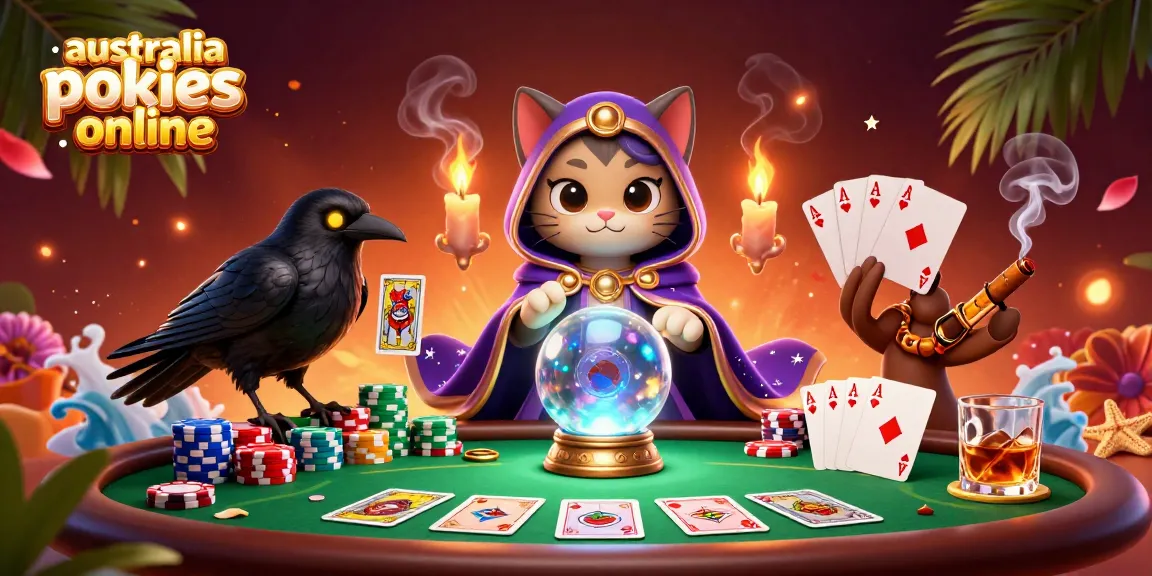 Play australia pokies online with vibrant characters and rich casino elements in captivating illustration.