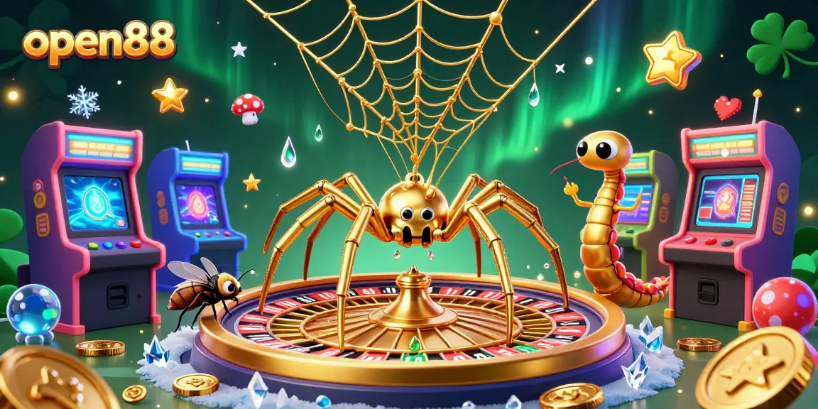 Bet on open88 with a golden spider spinning a roulette web and dynamic arcade games