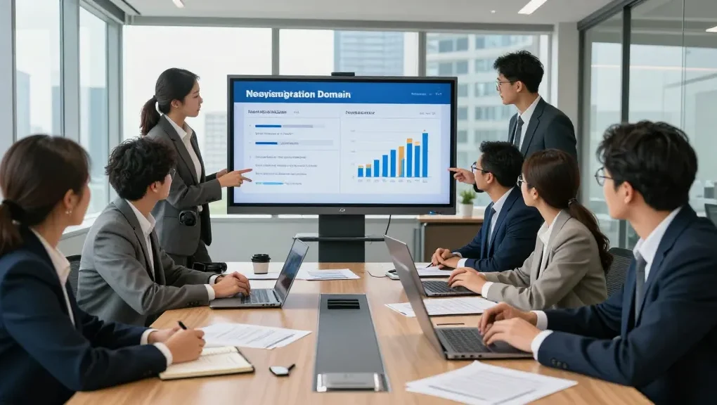 Professionals collaborating on a new registration domain list in a modern conference room, showcasing teamwork.