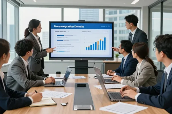 Professionals collaborating on a new registration domain list in a modern conference room, showcasing teamwork.
